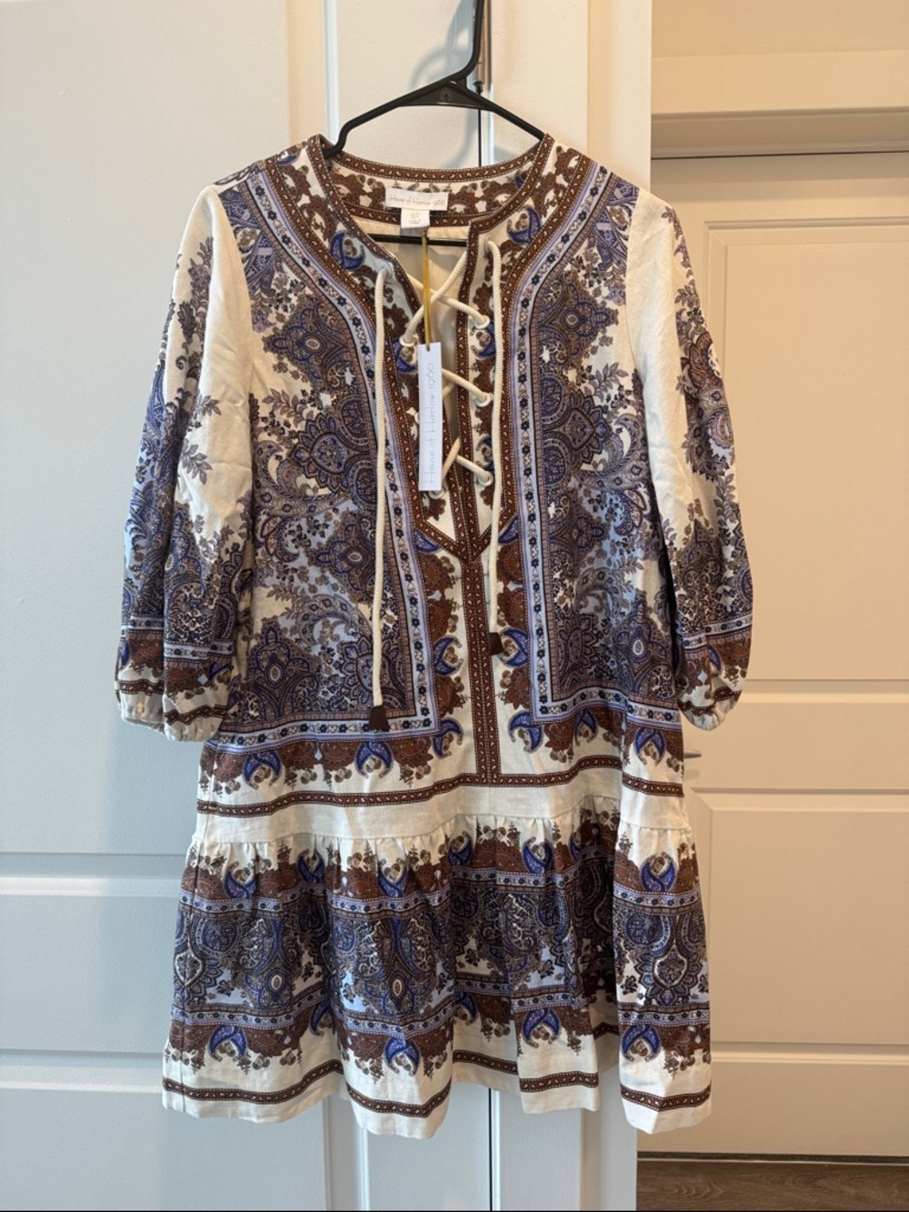 House of Harlow 1960 Cream, Brown and Blue Paisley Lace-Up Mini Dress
